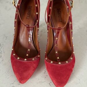 SCHUTZ  “Fiona” Red Suede T-strap Pumps